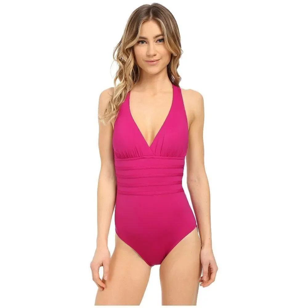 New! LA BLANCA Cross-Back One-Piece Pink Swimsuit Bathing Suit Tummy Control